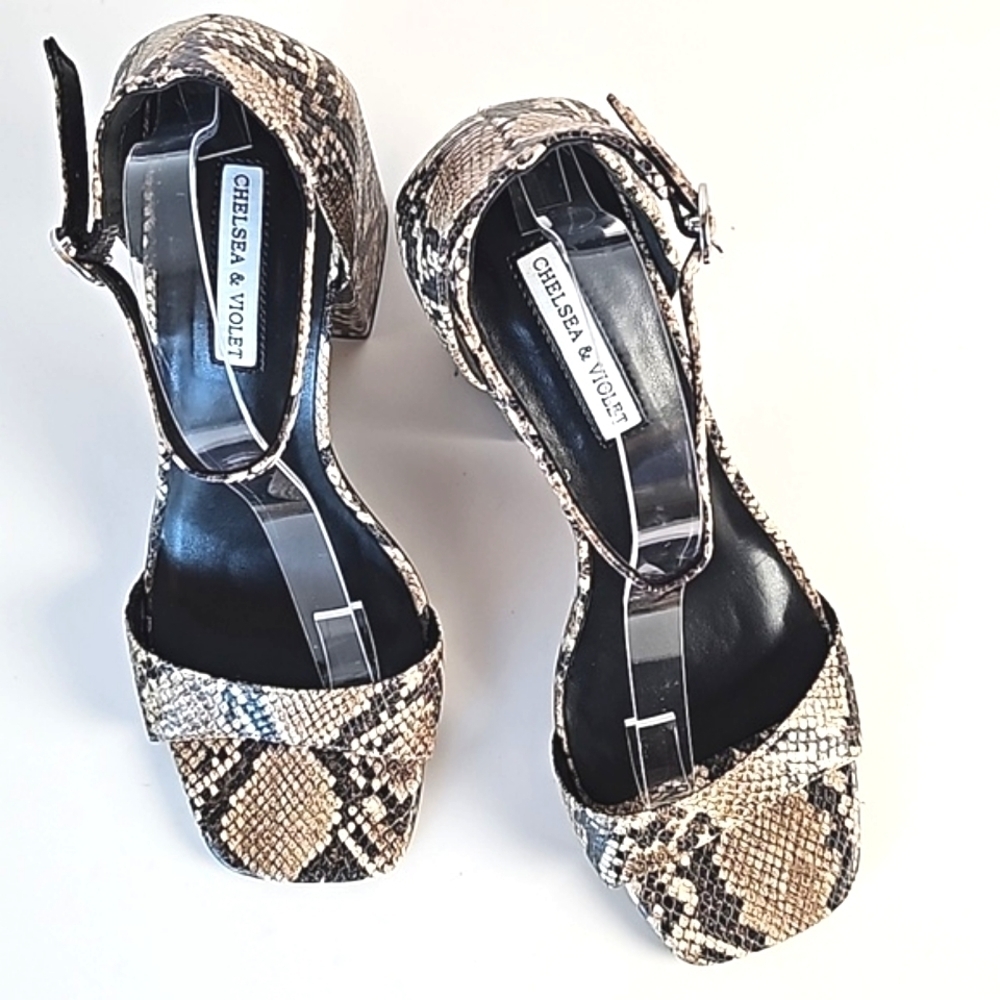 Chelsea & Violet Tara Leather Snake Print Block Heel Ankle Strap Sandal - Picture 9 of 16